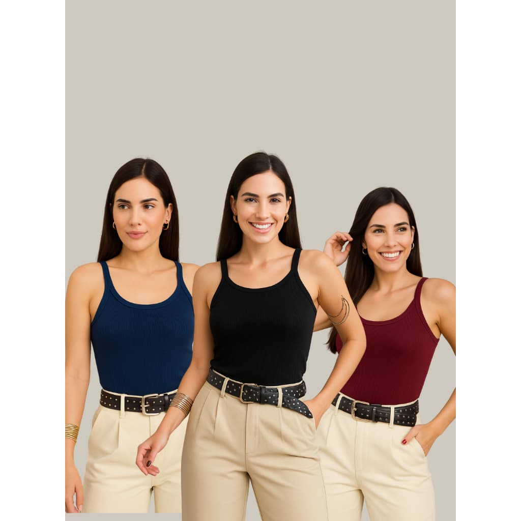Kit 3 Regata Alça Fina Canelado Com Elastano Blusa Feminina Blusinha Confortavel