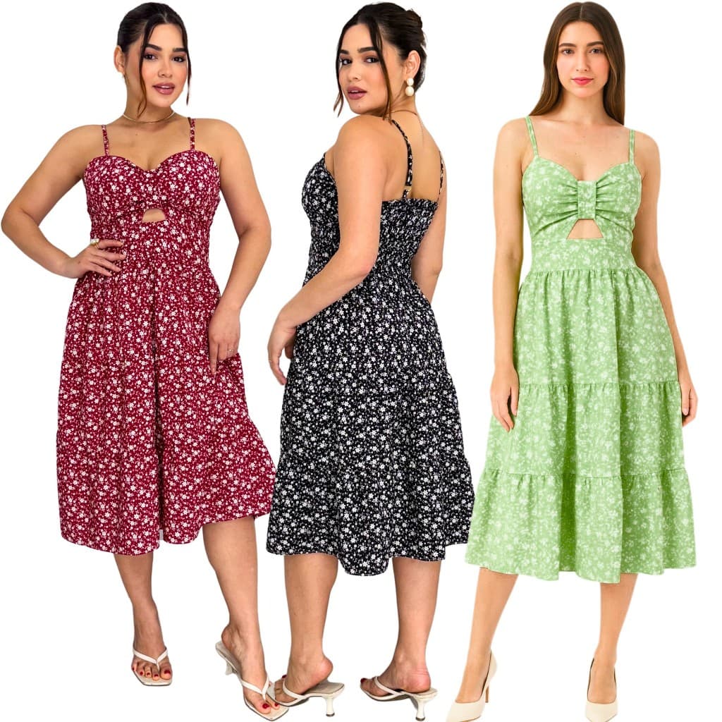 Vestido Curto Feminino Floral com Bojo, Alça Regulável e Lastex nas Costas Moda Casual e Confortável