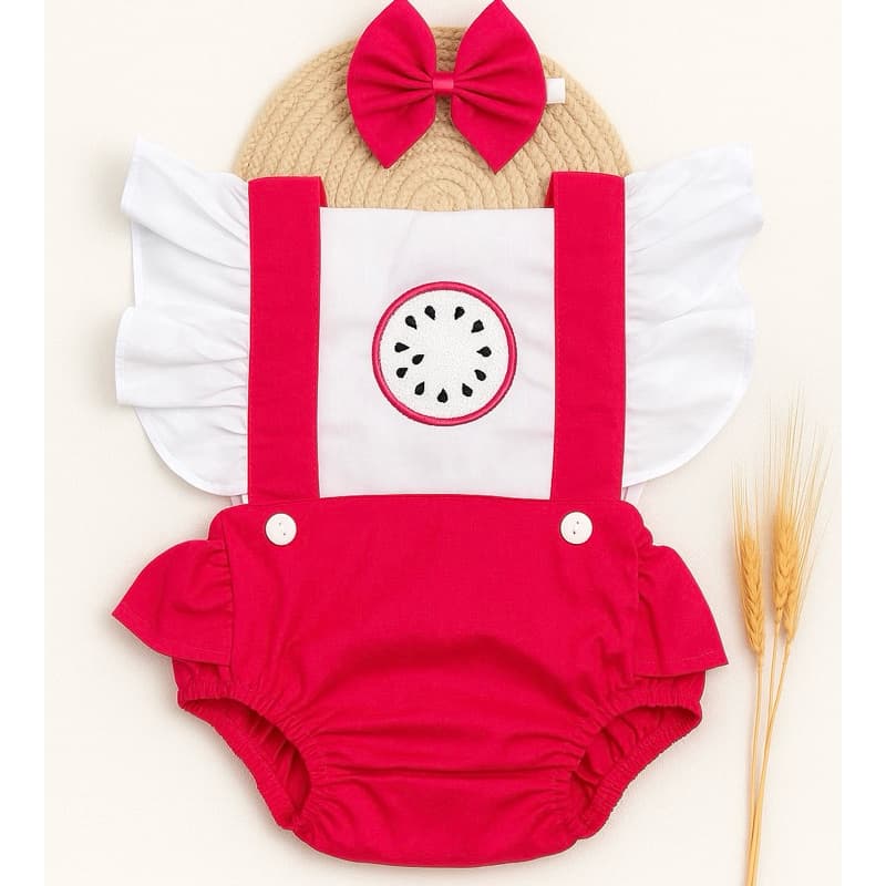 jardineira romper mesversario menina fruta pitaya