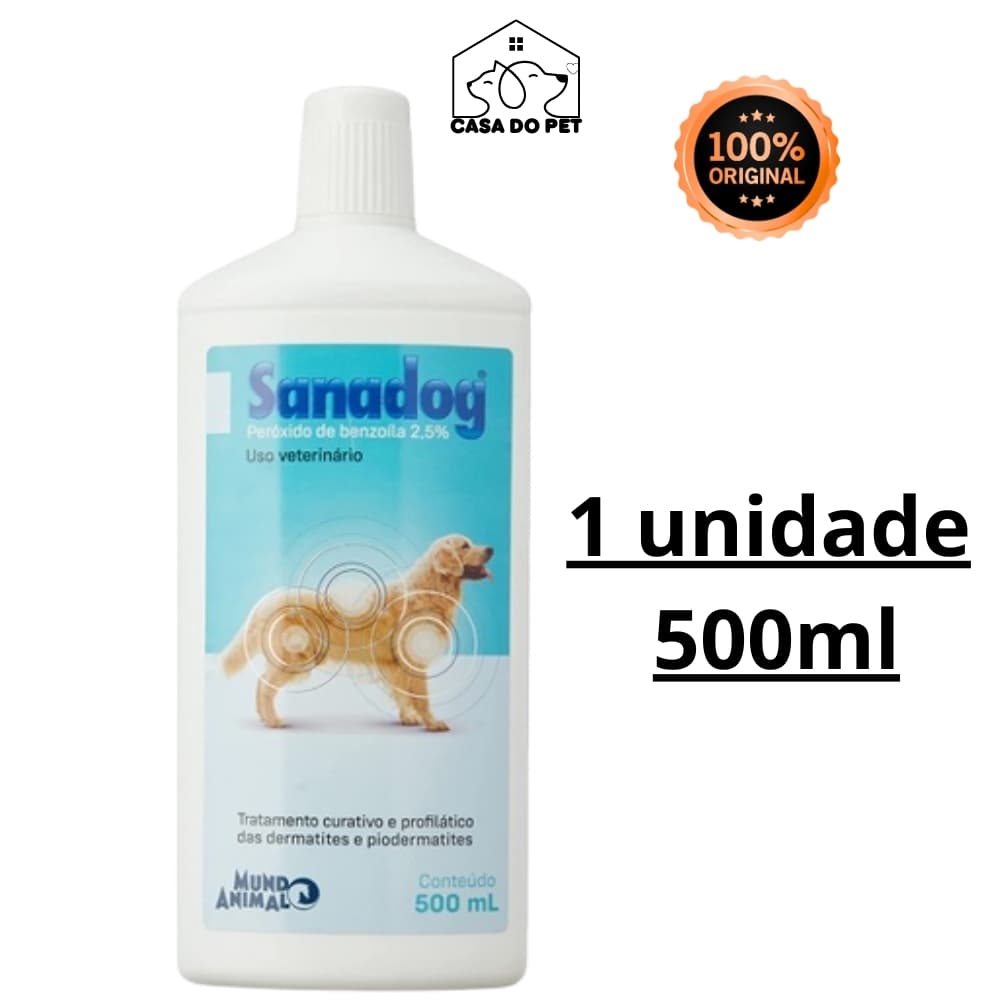 Shampoo Sanadog 500ml - Tratamento Animal Alérgico Dermatite Problema de Pele Xampu (Peróxido de Benzoíla)