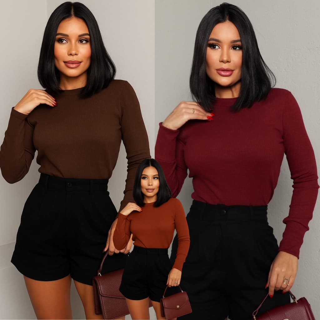 Kit 2 Blusas Feminina Básica Moda Casual Tendência  Vermelha Camiseta com Manga Longa