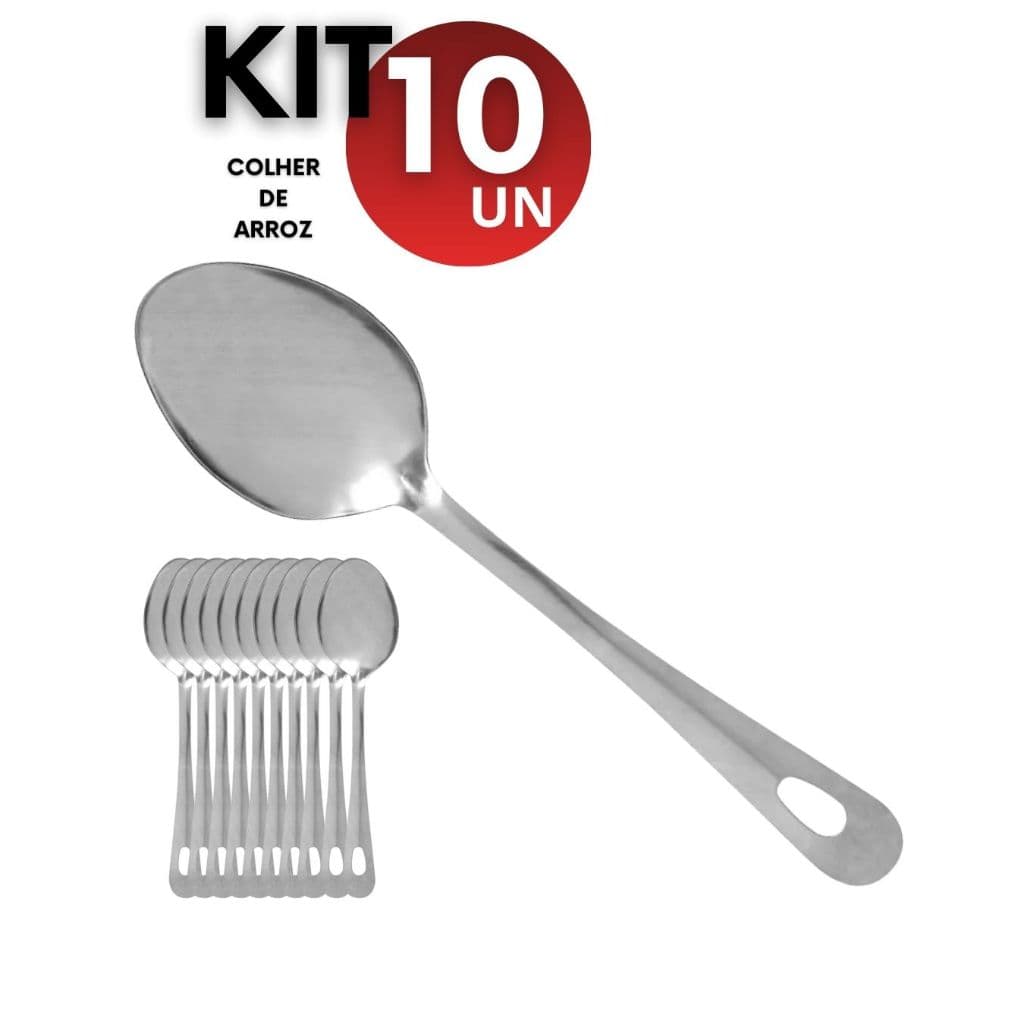 Kit 10 5 2 Colheres de Arroz Grande Cabo Longo Aço Inox 25,4 cm Servir Casa Restaurante e Buffet