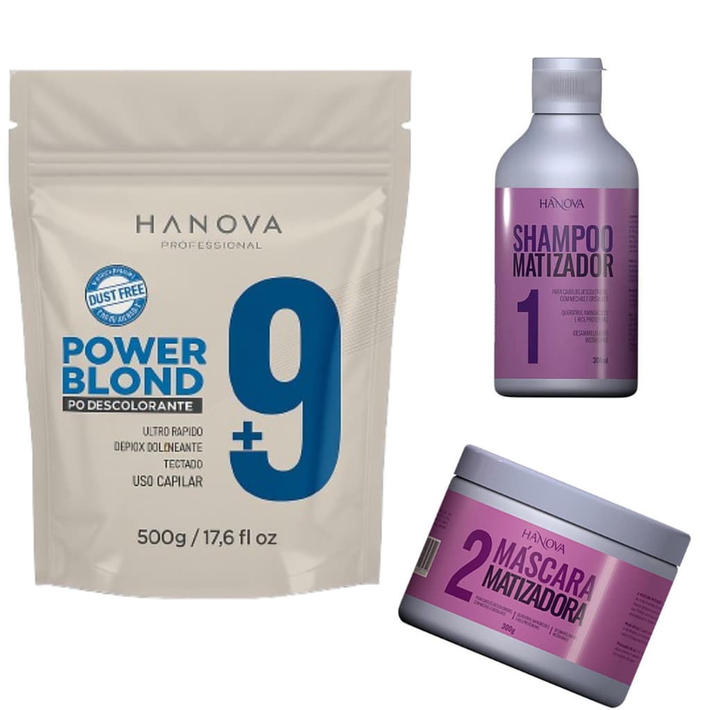 Combo Pó  Power Blond Dust Free 500G+ Sh Matizador 300ml e Máscara Matizadora 300ML Hanova