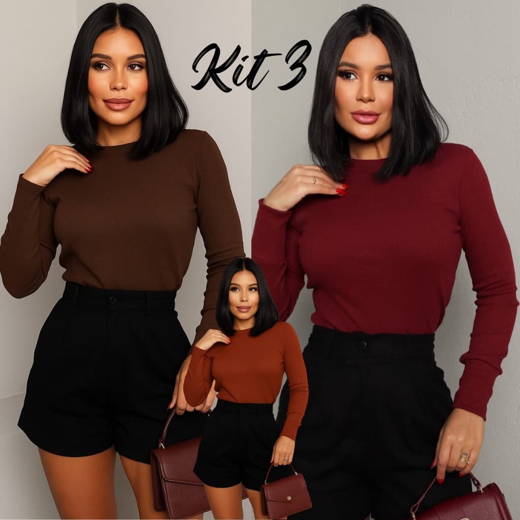 Kit 3 Blusa Feminina Manga Longa Básica Casual Gola Redonda blusa feminina manga longa Blusas de frio Marrom Inverno