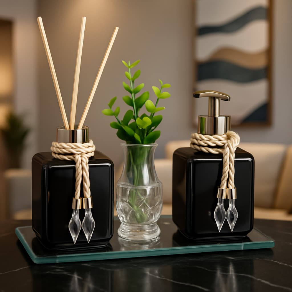 Kit Aromatizador de Ambiente com Saboneteira (300 ML) Líquida e Bandeja Decorativa Lavabo Completo
