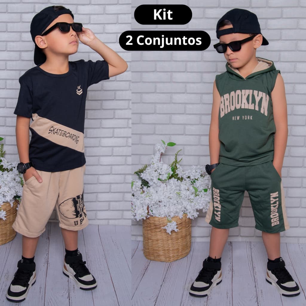 Kit Com 2 Conjuntos Infantil Juvenil Masculino Roupa de Menino Verão Blusa + Bermuda Top