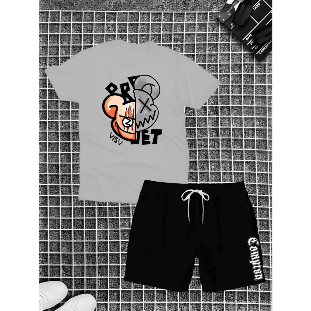 Kit Camisa Com Short Masculino Conjunto Bermuda e Camiseta Urso Compton Leve Verão