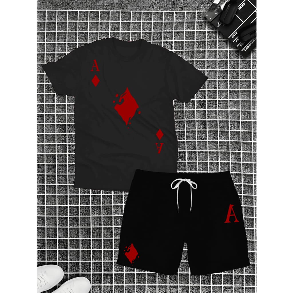 Kit Conjunto Masculino Camiseta E Shorts Ás de Ouros Bermuda Tactel Camisa 100% Algodão