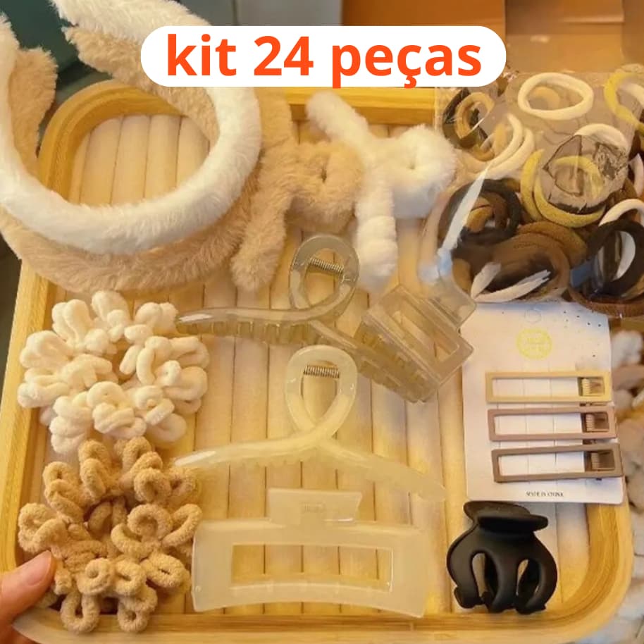 Acessórios de Cabelo kit 24 Peças– Elásticos Femininos, Presilhas, Tiaras e Scrunchies | Estilo e Elegância Peluciadas