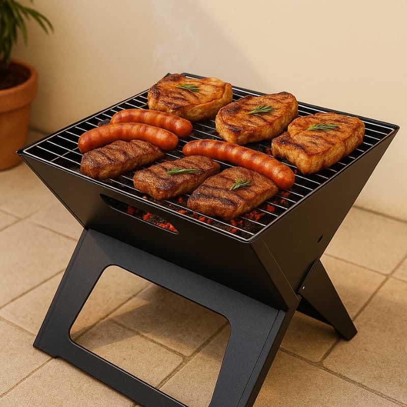 Churrasqueira Portátil Dobrável em Aço Inox a Carvão – Compacta para Apartamento, Viagem, Praia e Camping