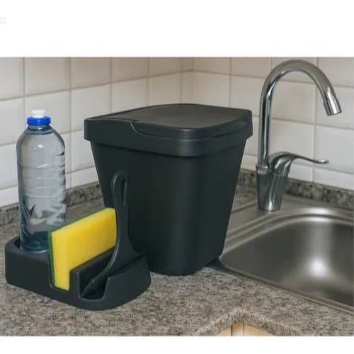 Conjunto Elegance Preto Lixeira de Pia 4,8 litros, Porta Detergente, Rodinho de Pia