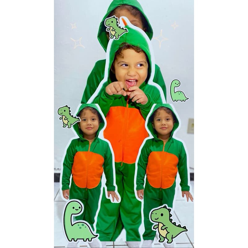 fantasia do dinossauro(feito com tecido suplex de poliéster,e os detalhes da cor laranja e feito com feltro.)