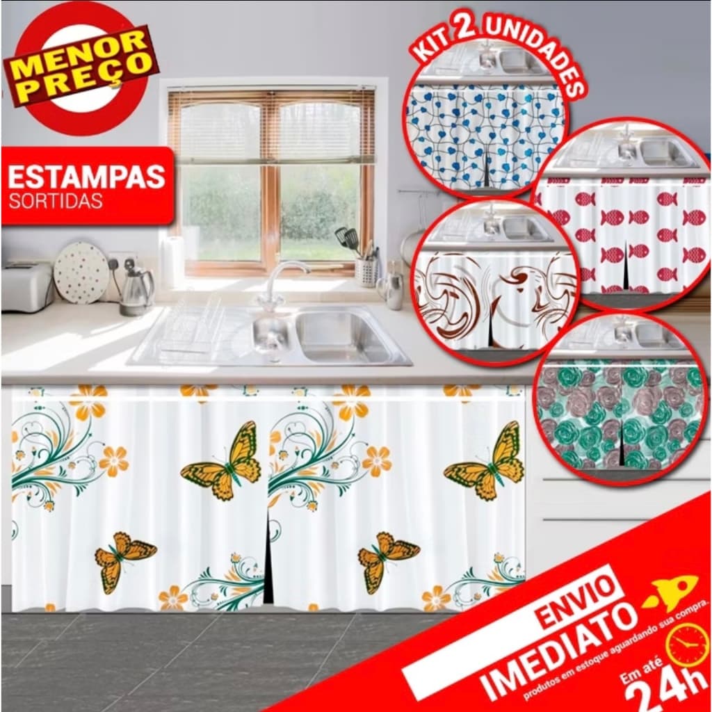 Kit Com 2 Cortinas de Pia PE 138x80cm Varias Estampas Sortidas - Envio Imediato