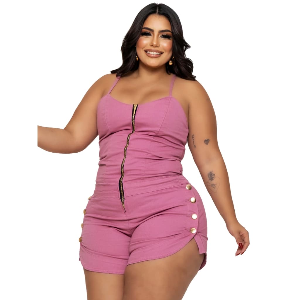 Macaquinho Plus Size Jeans Feminino Curto com Botões e Lycra