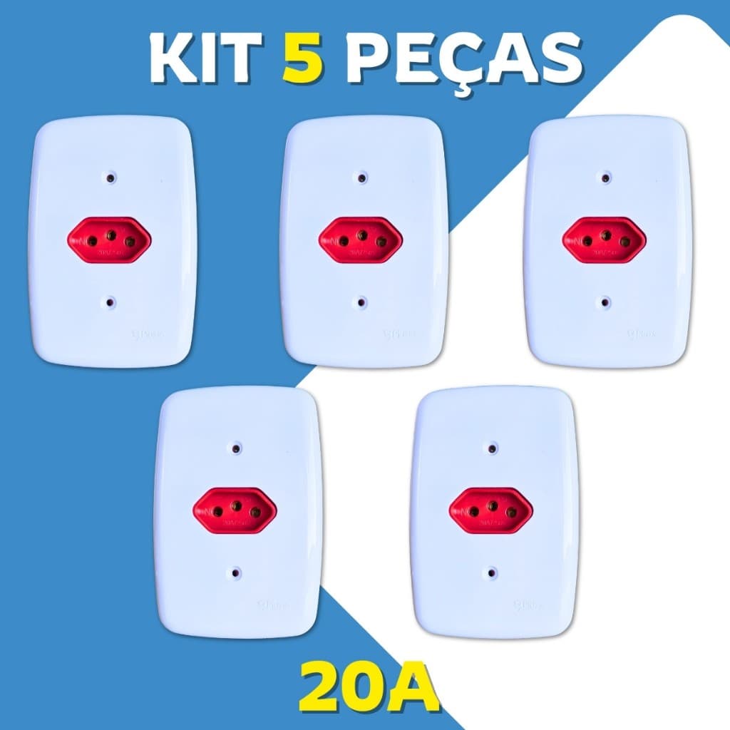 Kit 5 Tomadas 20A Amperes 127V 220V Branca Vermelha Pino Grosso