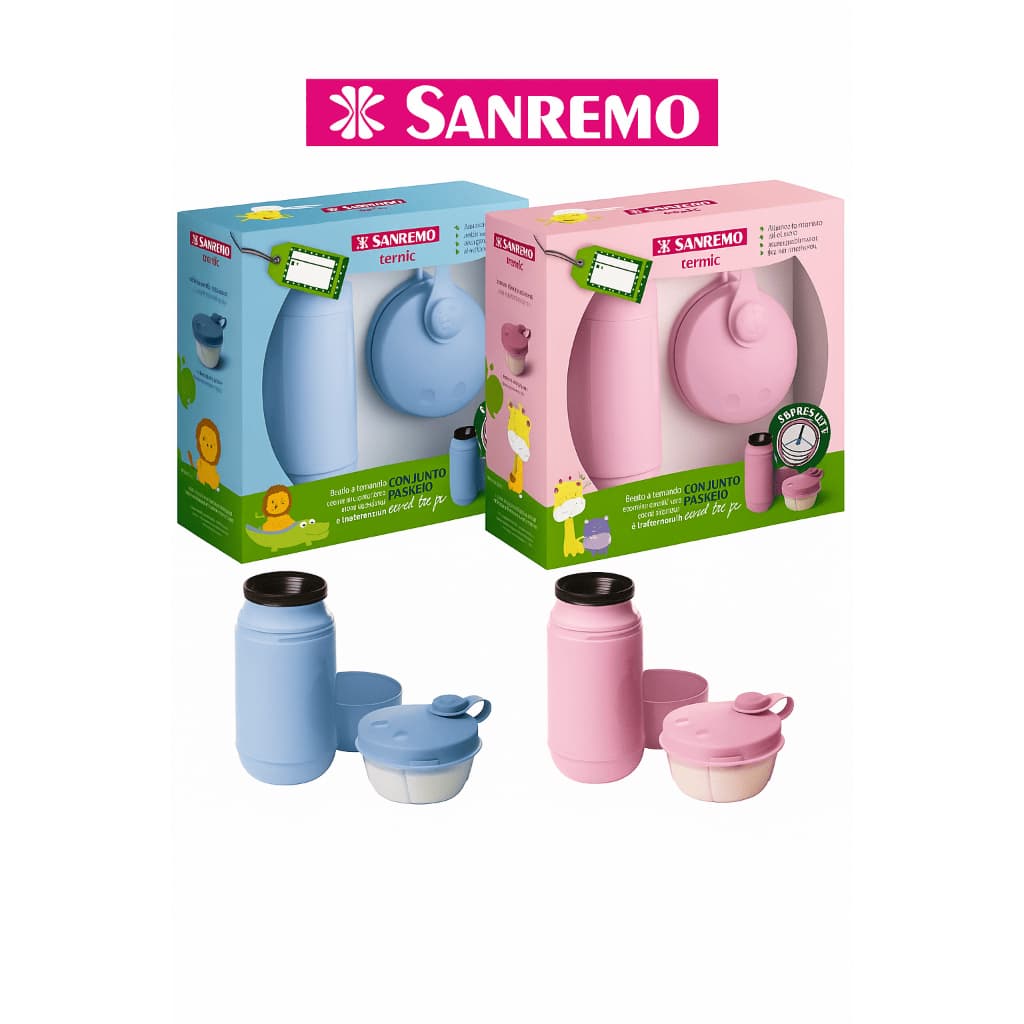 Conjunto Passeio Garrafa Térmica Infantil 250ml + Pote para Leite em Pó Sanremo Rosa / Azul
