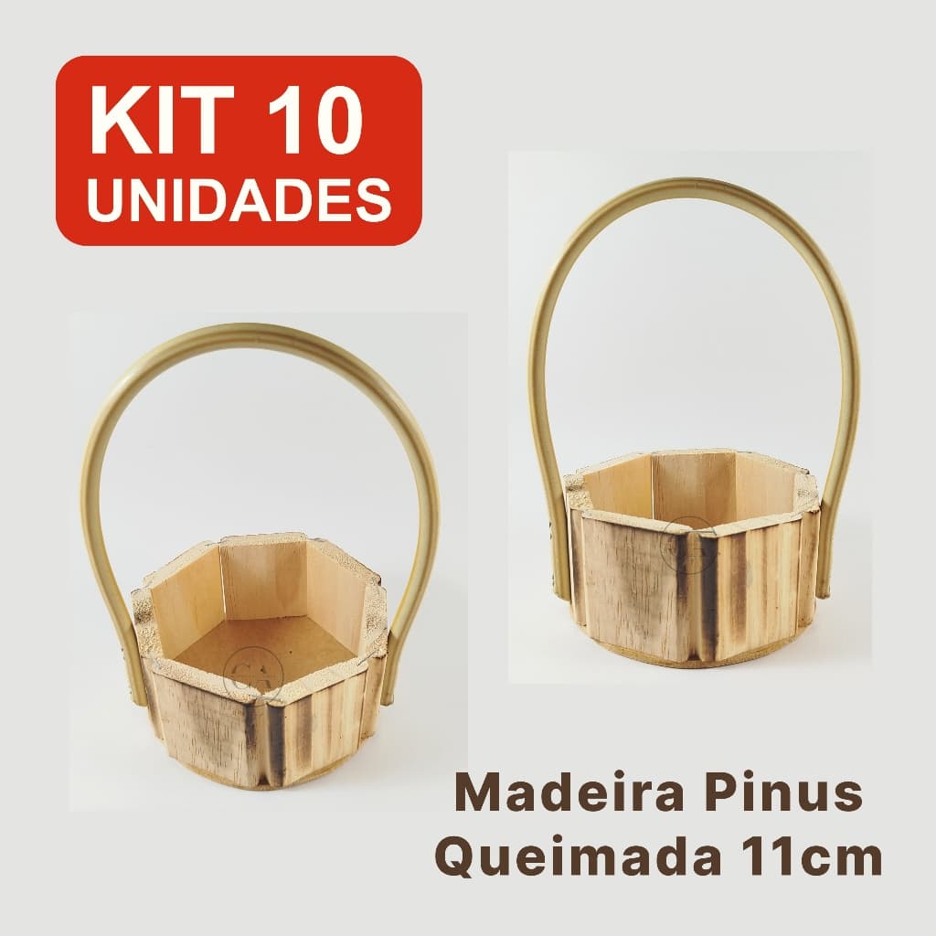 Kit 10 Cestas Redondas 11cm Madeira Pinus – Presente, Lembrancinhas, Arranjos