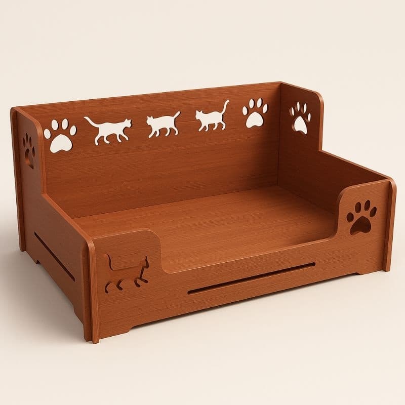 Cama Pet em MDF  Marrom Rústico – Design Artesanal com Recortes de Patinhas e Gatinhos
