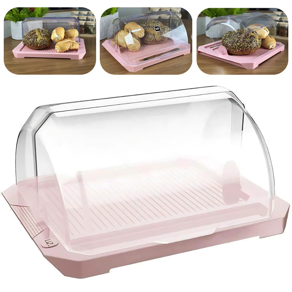 Porta Pão/Bolo Grande Com Tampa Retrátil Transparente E Porta Faca Acrílico Rosa Cozinha Premium UZ