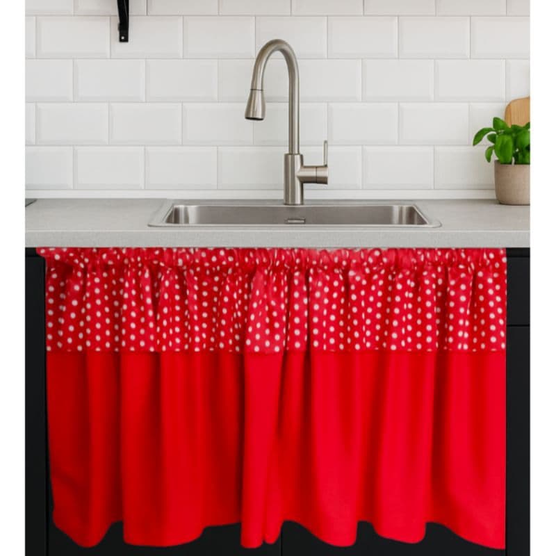 Cortina para pia com bandô/ barrado 1.40 X 0.80 -  Poa vermelho