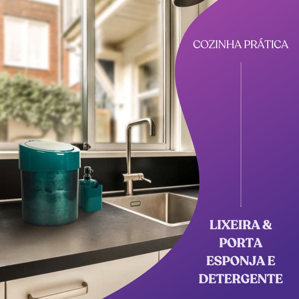 Kit Lixeira + Suporte para Detergente com Bucha Pia Cozinha Organização Prática