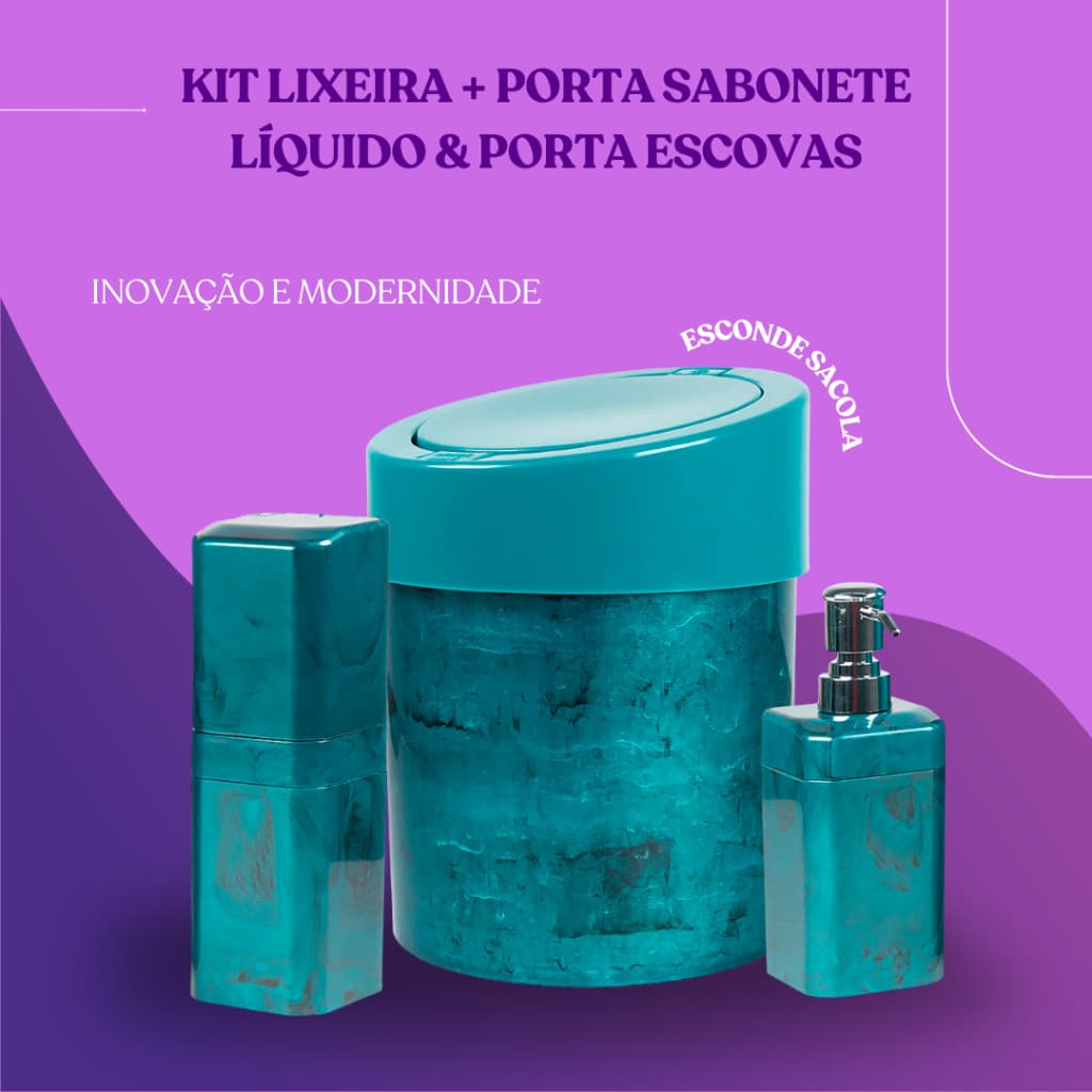 Kit Banheiro Moderno 3 Peças Lixeira Porta Escova e Dispenser Sabonete Prático