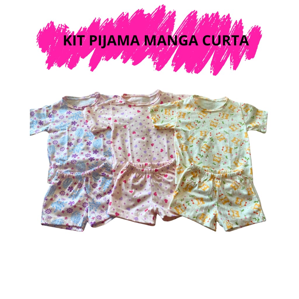 Kit 03 Pijama Manga Curta Feminino Infantil Menina 02 Ao 16 100% Algodão