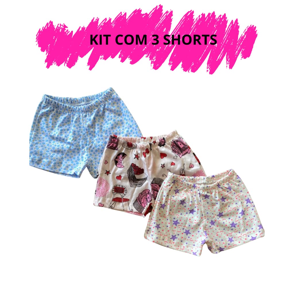 Kit 03 Shorts Feminino Avulso De Pijama Infantil Menina 02 ao 16 100% algodão