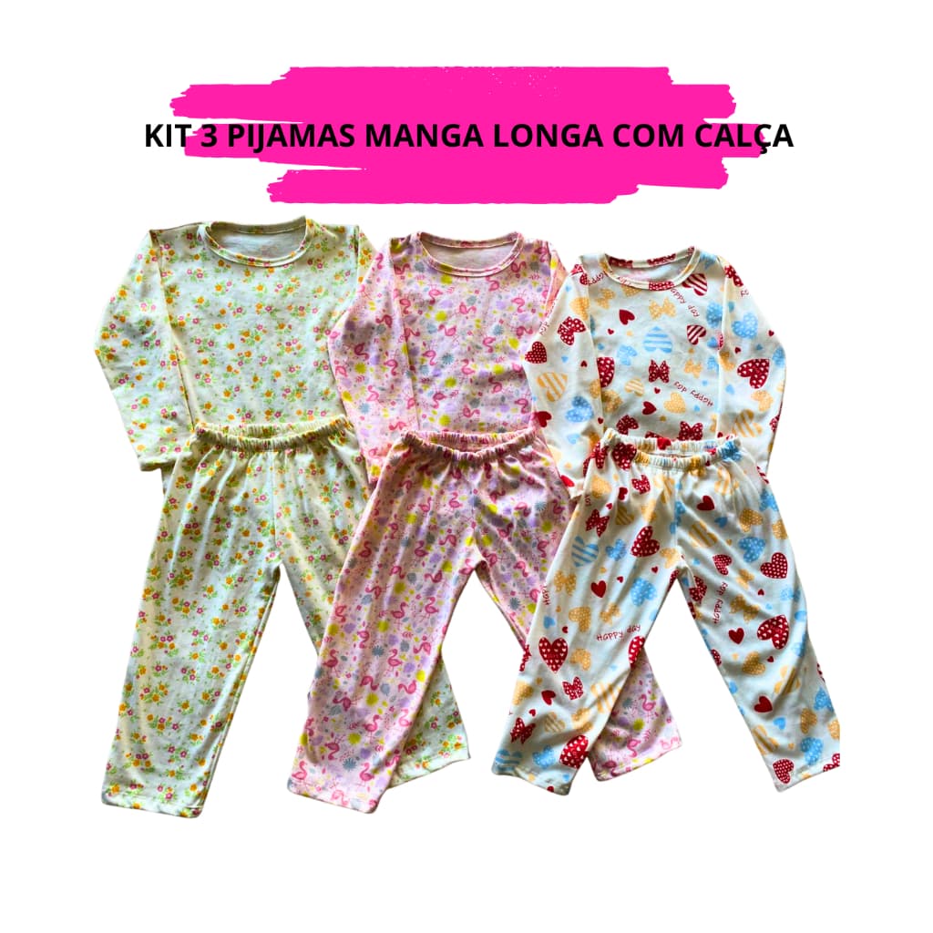 Kit 03 Pijama Manga Longa Feminino Infantil Menina 02 Ao 16 100% Algodão