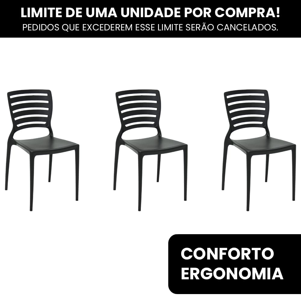 3 Cadeiras Sofia Com Encosto Horizontal Preta Tramontina P/Restaurante e Jardim