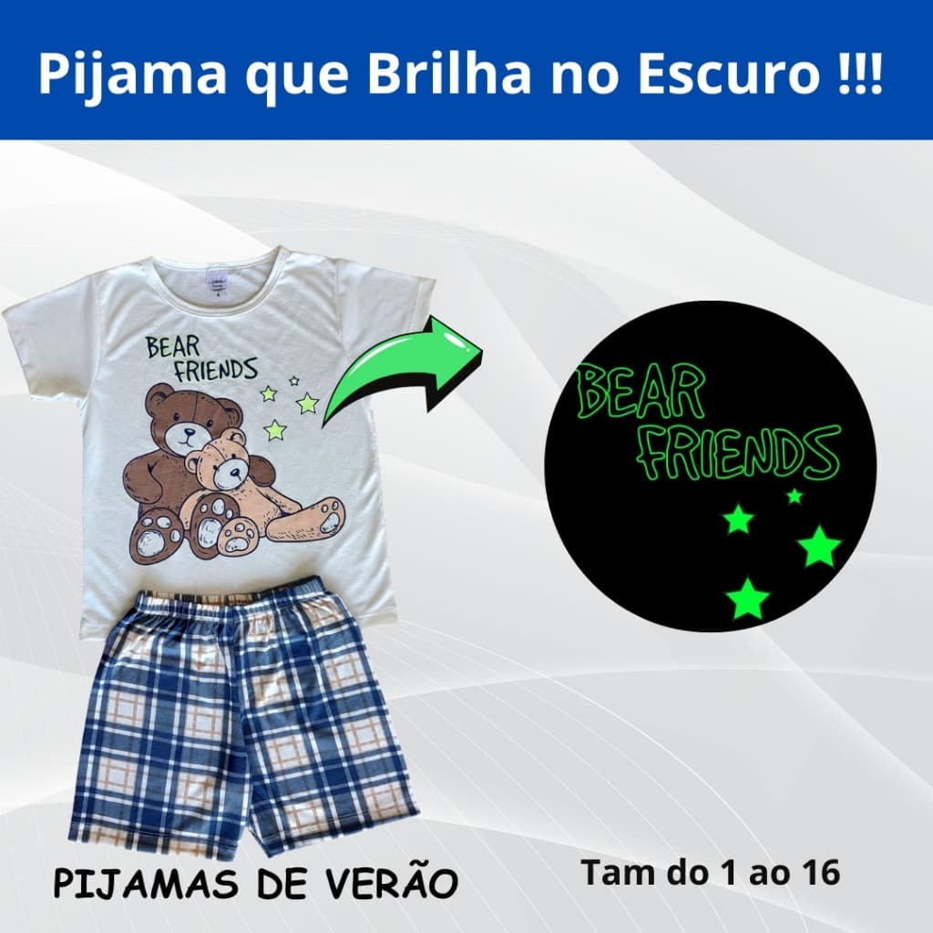kit 3 Conjuntos Pijama de Verão Infantil Juvenil Menino Masculino Brilha no Escuro tamanho 1 ao 16