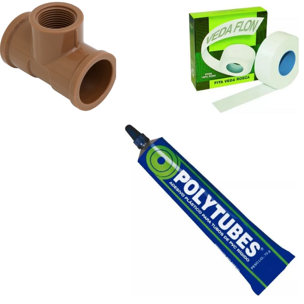 Kit Tê Soldável com Rosca (LR)+1 Fita Veda Rosca 18mmX50m + 1 Cola Adesivo Pvc Rígido Polytubes 75g
