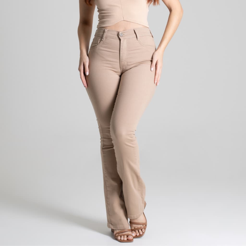 Calça Jeans Feminina Sawary Boca de Sino Bootcut Flare Original Lycra Elastano Cintura Alta Bege