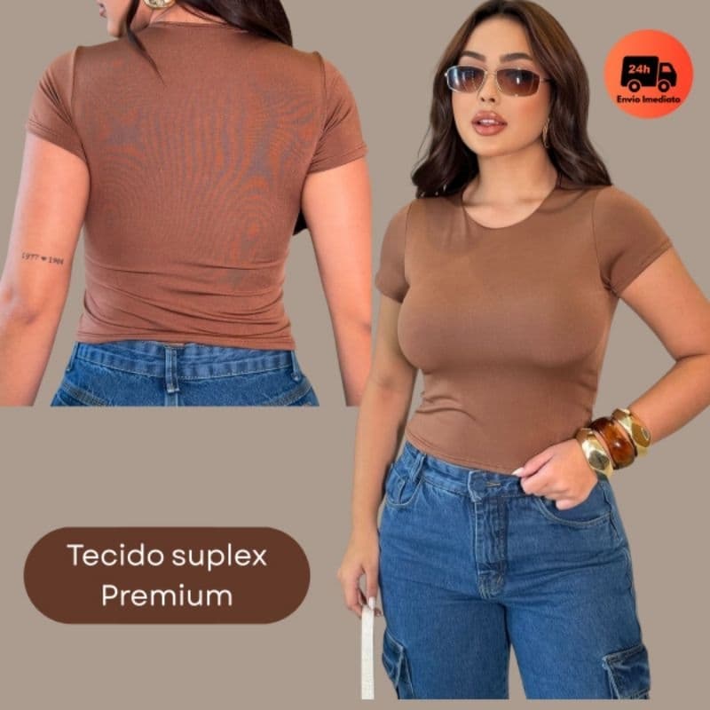 Cropped Blusa Suplex Básico Liso Manga Curta Várias Cores