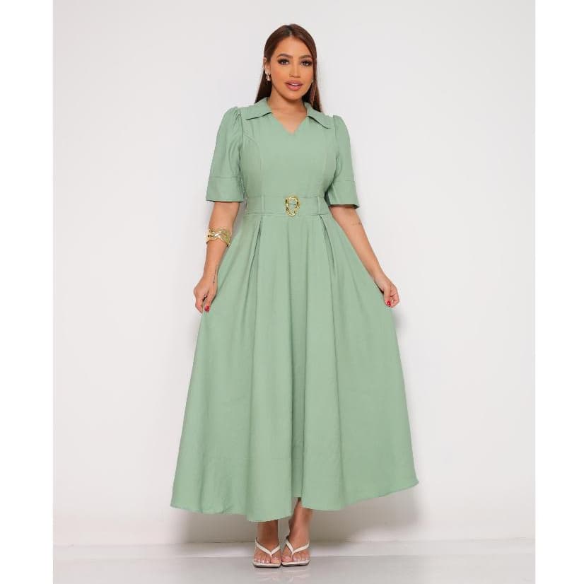 Vestido Feminino Midi Elegante com Decote V Gola Sport Manga 3/4 Detalhe no Busto e Cinto com Fivela