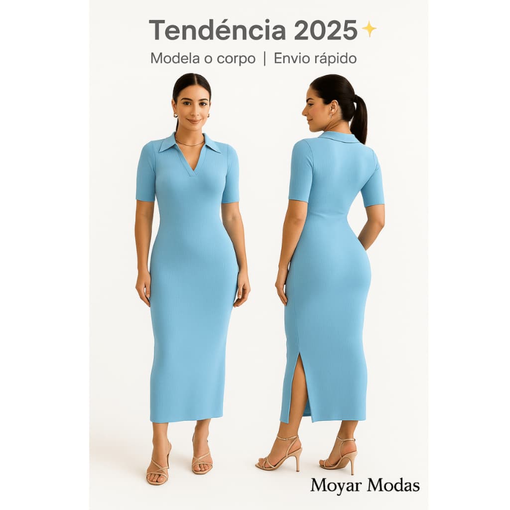 Vestido Feminino Midi Justo com Gola Polo – Tendência 2025 Moda Feminina Estilo Chic