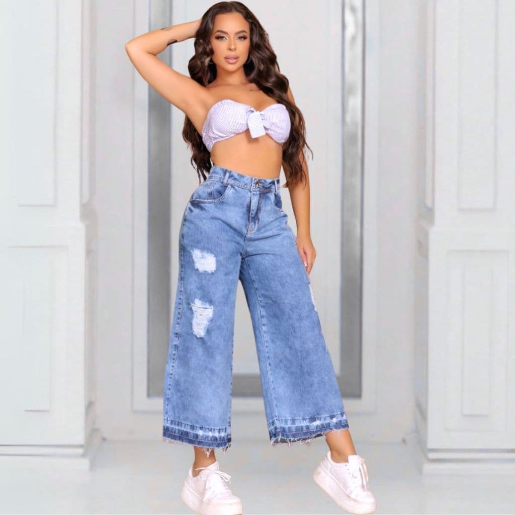 Calça Jeans Mom Pantacourt Marmorizada Cos Alto Linha Premium Calca Wid Leg Feminina