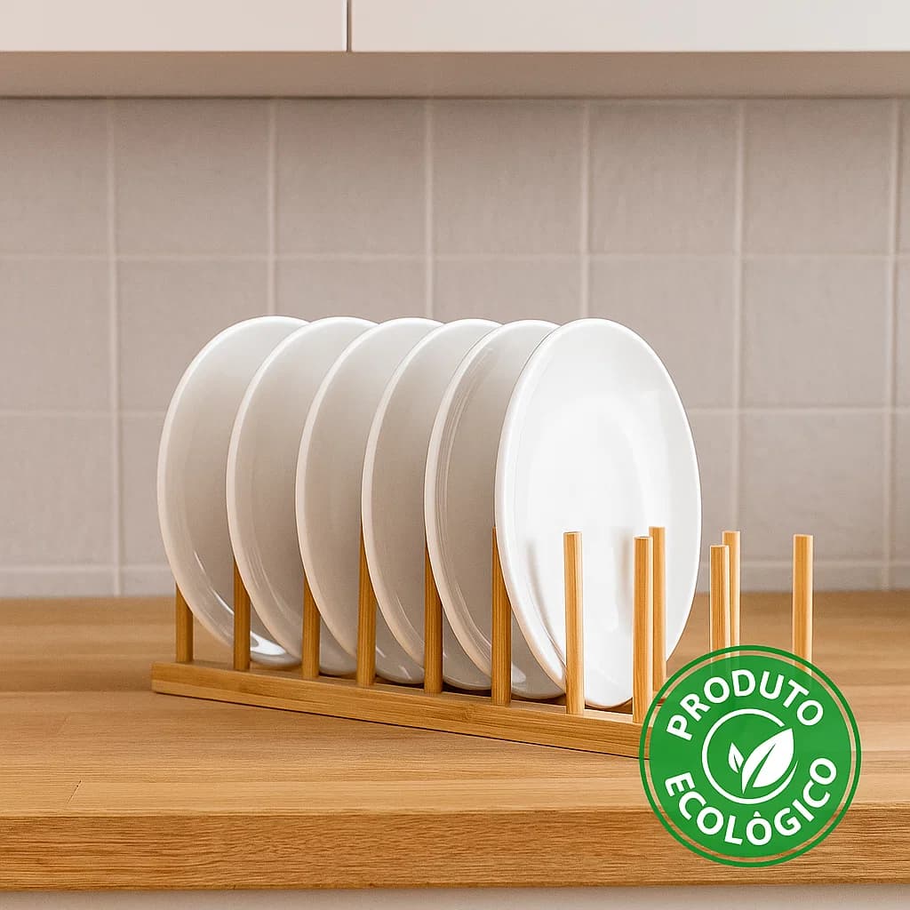 Escorredor de Pratos de Bambu Ecológico para 8 Pratos 39cm Marfim