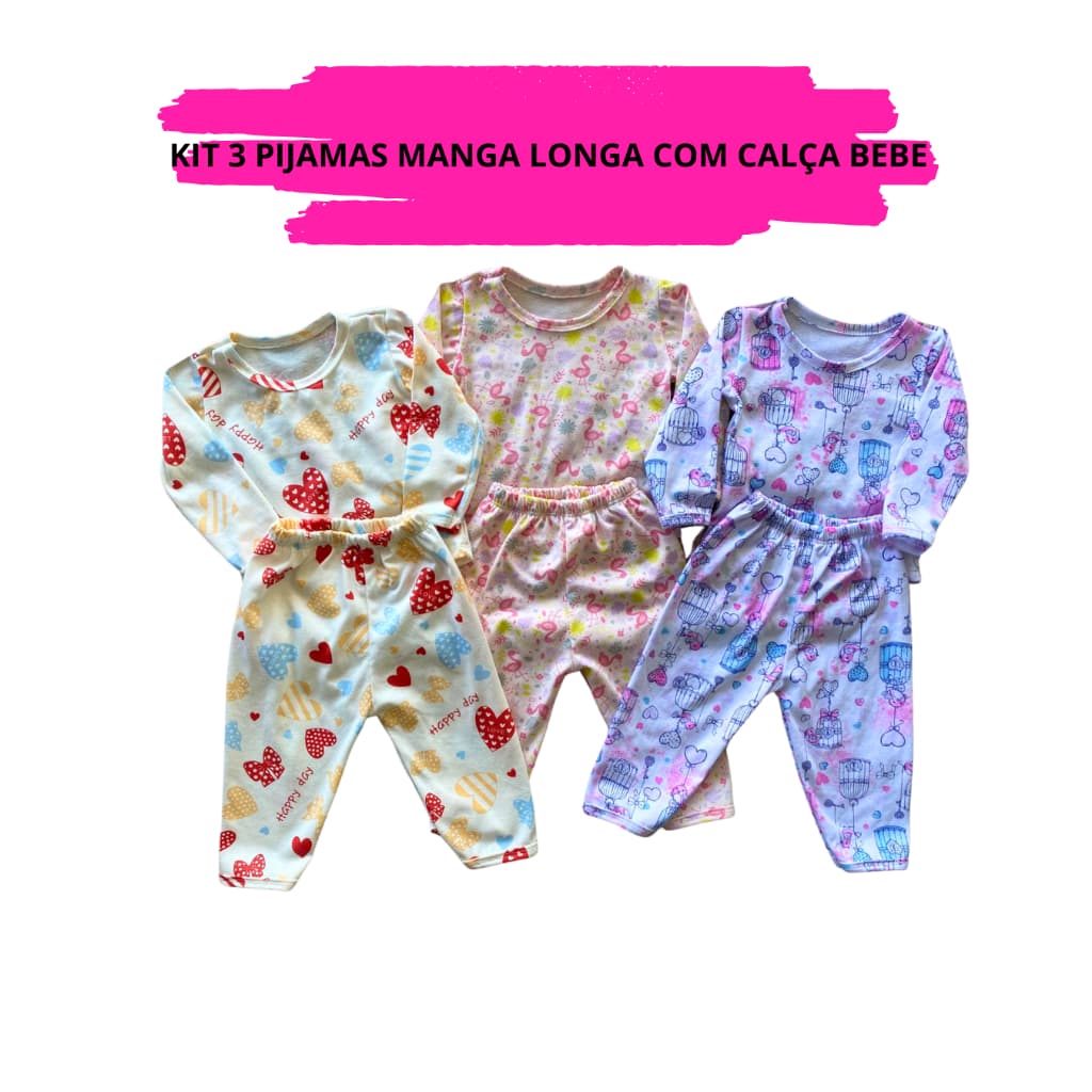 Kit 03 Pijama Manga Longa Bebê Feminino Infantil Menina P ao GG 100% Algodão