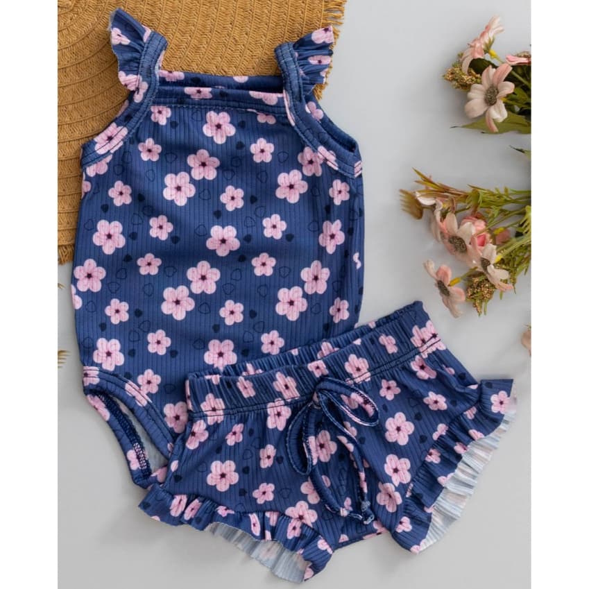 Conjunto Infantil Verão Canelado Menina com Body e Tapa Fralda de Babado Marinho com Estampa de Flores