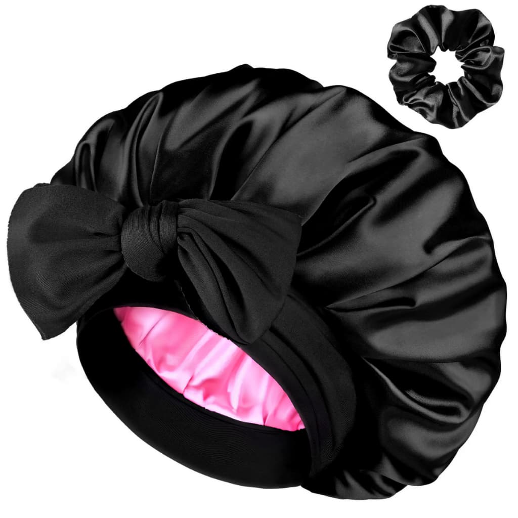 Touca de Cetim de Luxo Dupla Face – Faixa Ajustável com Laço + 1 Scrunchie  (Anti-Frizz, Antiqueda).