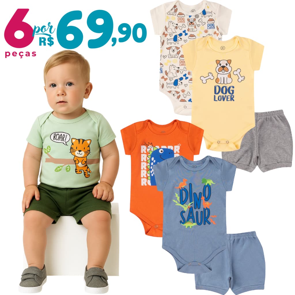 Kit 6 Peças de Roupas para Bebê Menino (4 Body + 2 Short) Kit 2 Trios Body Infantil Bebê