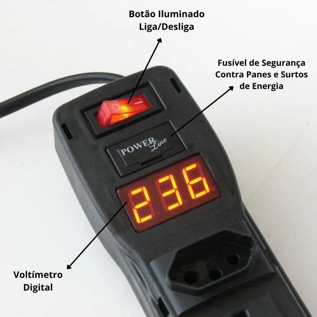 Protetor 3 tomadas com volt digital - Indica a voltagem da tomada