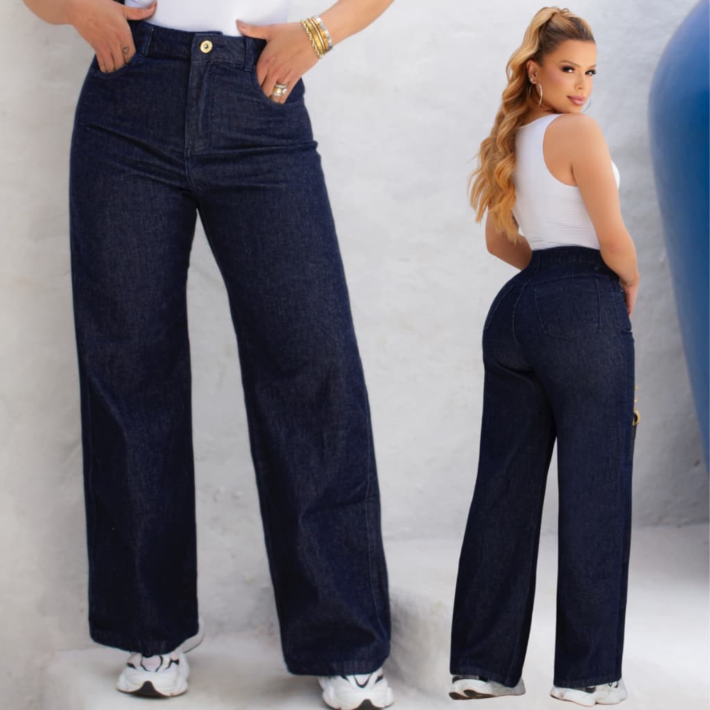 Calça Jeans Feminina Wide Leg Pantalona Azul Cintura Alta 100% Algodão Premium Cós Alto