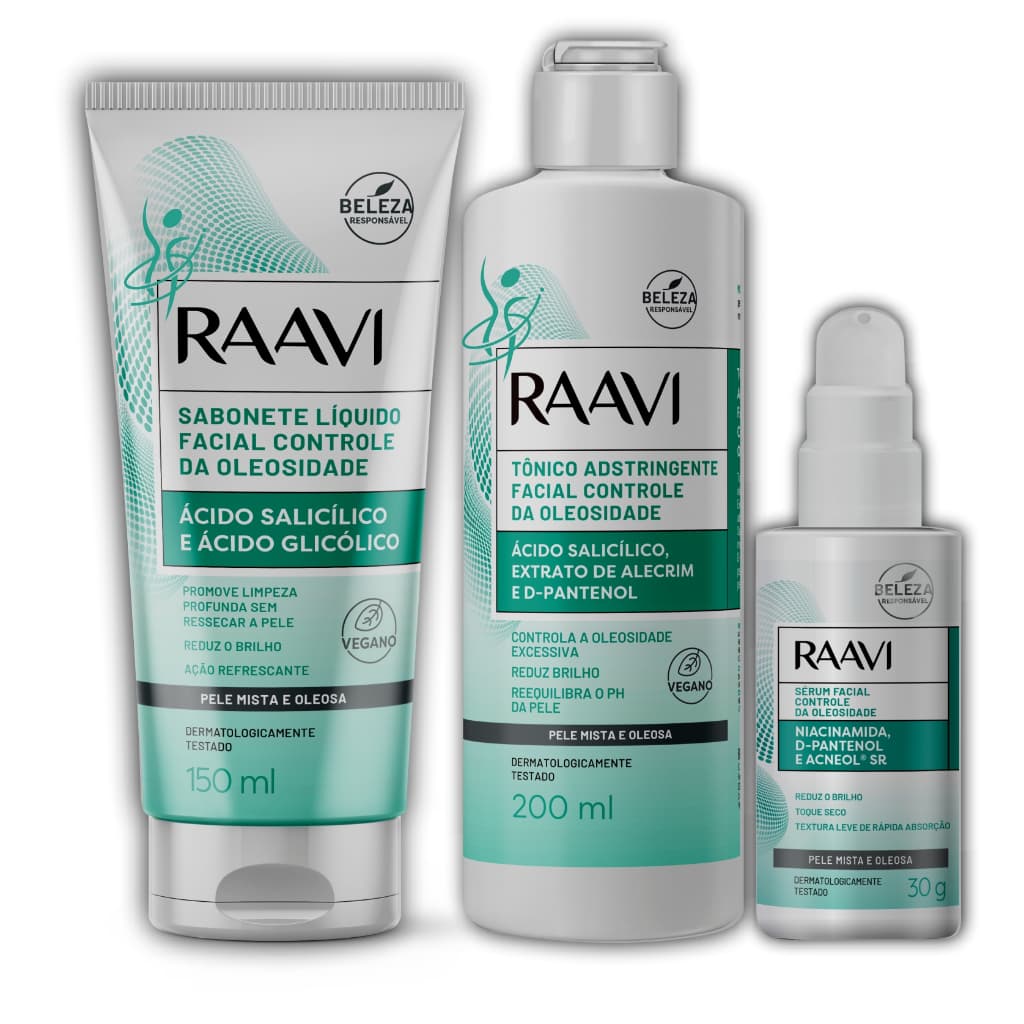 Kit Controla Oleosidade da Pele 3 Produtos Raavi Vegano, Evita Ressencamento e deixa  a Pele mais Firme.