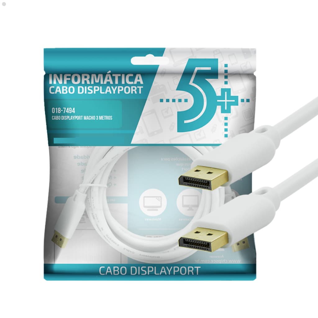 Cabo DisplayPort 1.2 Macho Branco 3 Metros 2 Metros 4K 60Hz Pix