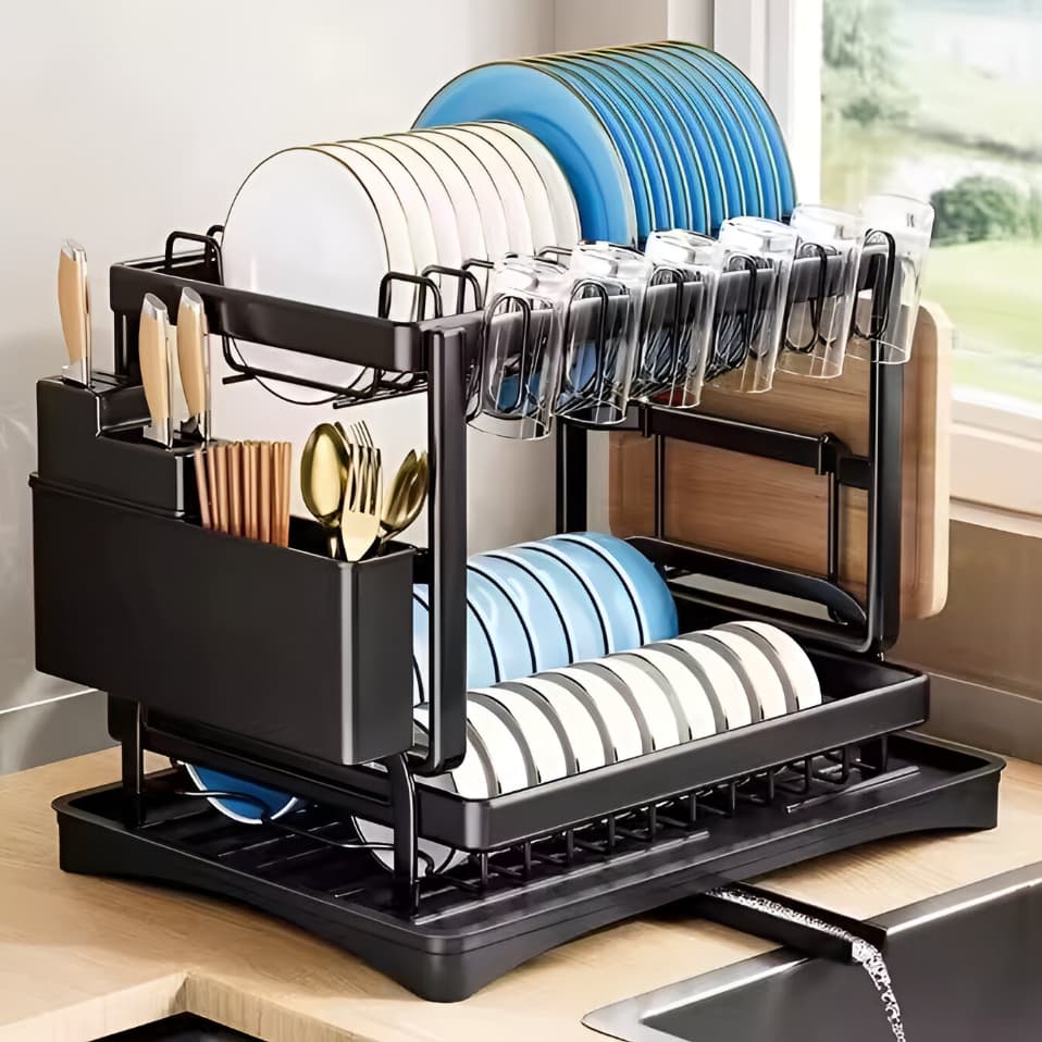 Escorredor Organizador de Louças Inox Duplo Compacto Pia Rack Cozinha Suspensa Organizador Talheres Pratos