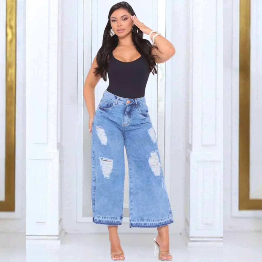 Calça Jeans Mom Pantacourt Marmorizada Cos Alto Linha Premium Calca WidLeg Bar Descosturada Feminina