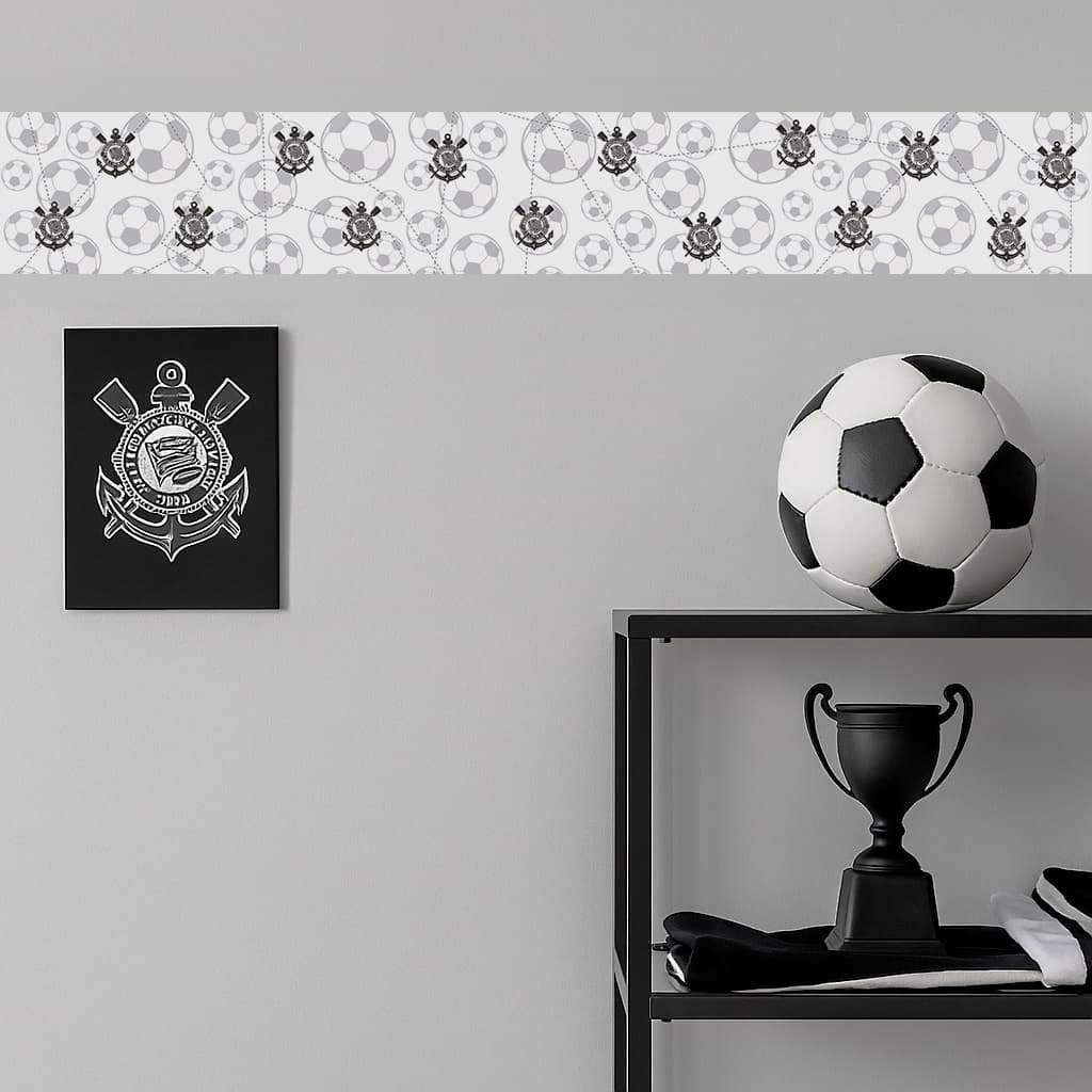 Faixa Decorativa Autoadesiva Corinthians 1m x 15cm Vinil Lavável Temático Alvinegro Loja Torcedor Vitrine Balcão Caixa