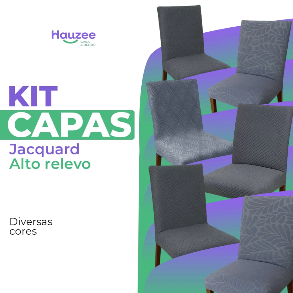 Kit 6 Capa de Cadeira em Suede Jacquard Alto Relevo Cinza | Várias Cores Modelos | Marrom Bege Branco